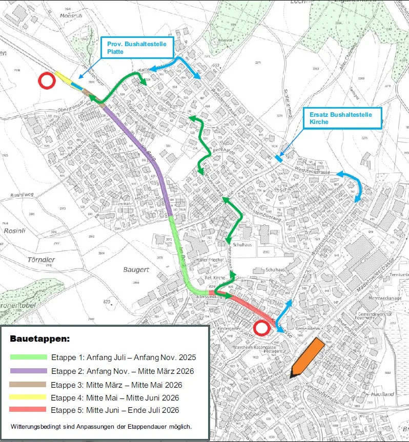 Der Plan zeigt die etappenweise Sanierung der Strasse. Bauarbeiten Russikerstrasse